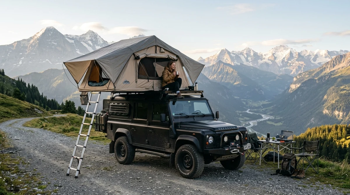 FrontRunner Feather-Lite Klappdachzelt einsatzbereit auf Land Rover Defender in den Alpen