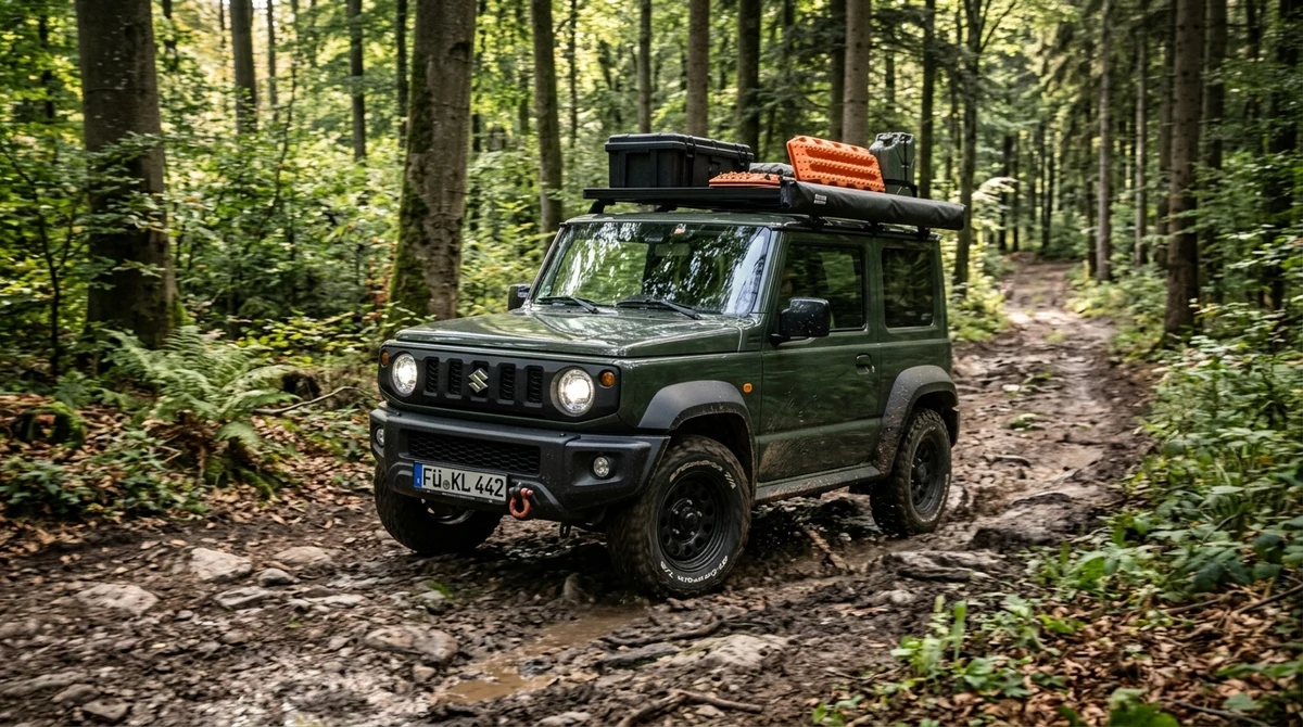 Suzuki Jimny GJ mit FrontRunner Slimline II Dachträger auf Waldweg
