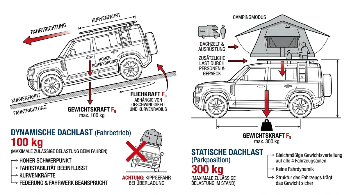 Technische Infografik Dynamische Dachlast bei Kurvenfahrt vs Statische Standlast im Campingmodus mit Dachzelt