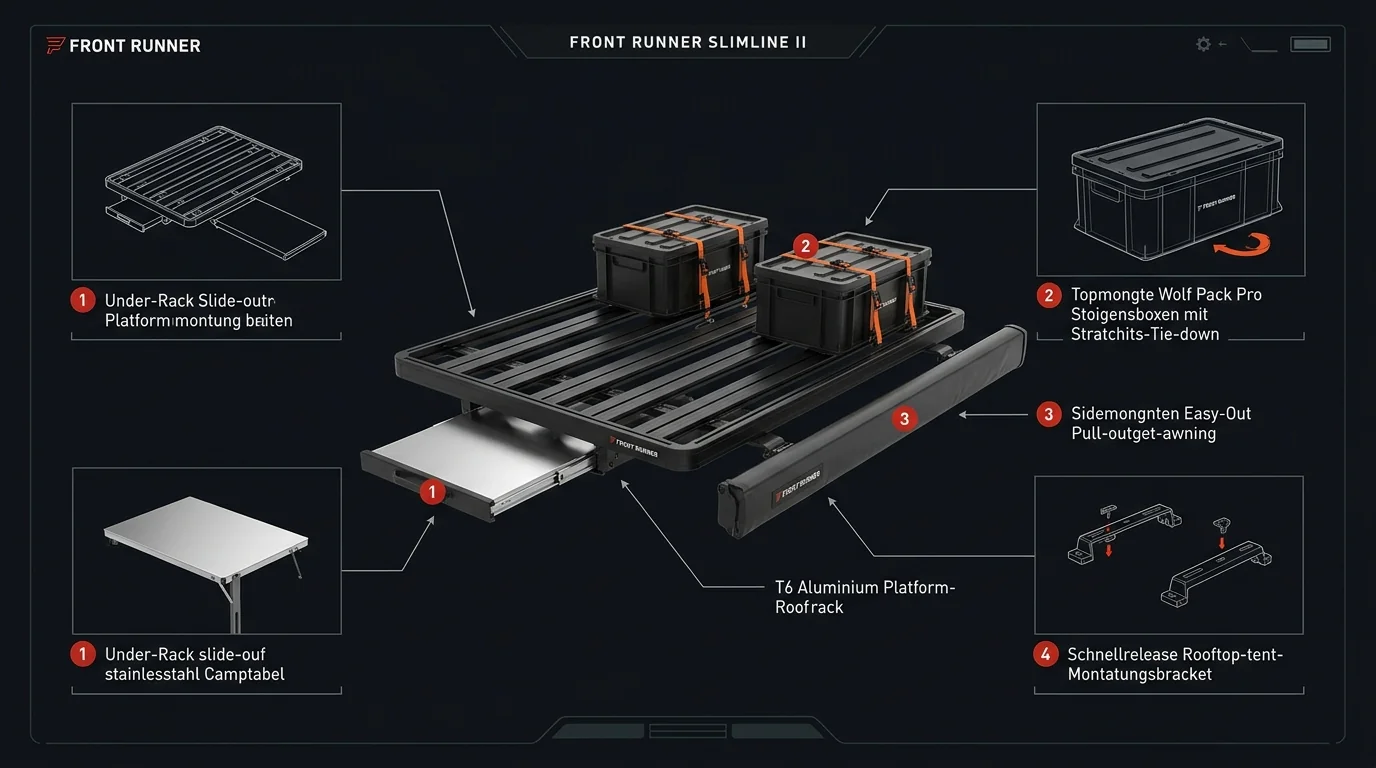 FrontRunner Slimline II modulares Dachträgersystem mit T-Nut Führung und Zubehör-Integration