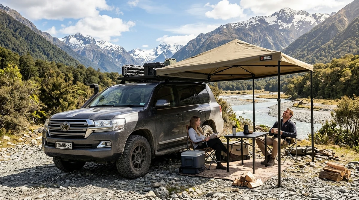 FrontRunner Easy-Out Markise ausgeklappt an Toyota Land Cruiser im Expeditions-Camp